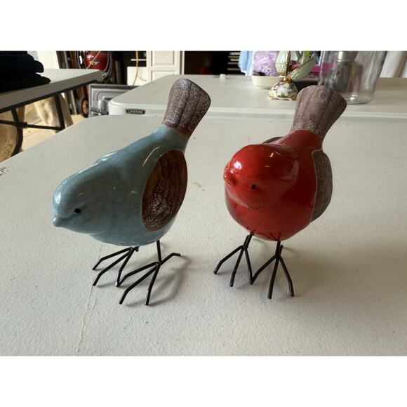 Ceramic Crackle Glazed Garden Bird Metal Feet Blue Jay Red Bird Cardinal 4"×5" - Picture 9 of 9